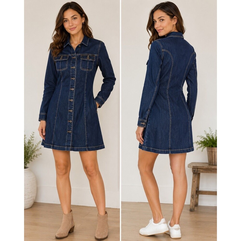 Cello Jeans Women S Denim Mini Shirt Dress Dark Button Front Stretch Western